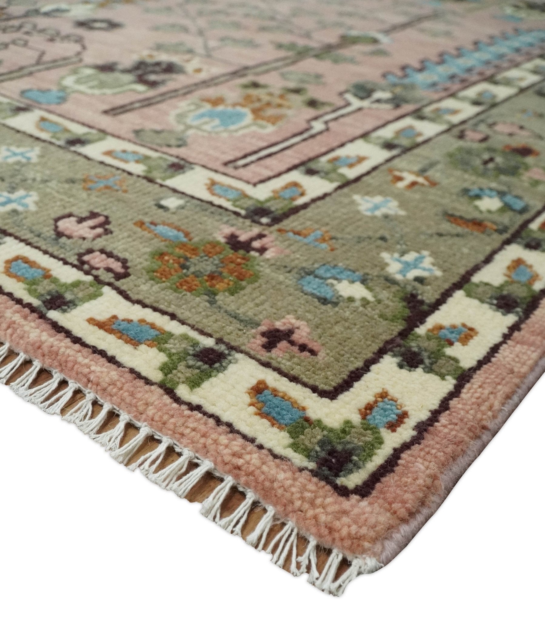 Pink, Olive and Beige Traditional Vintage Heriz Serapi Wool Rug