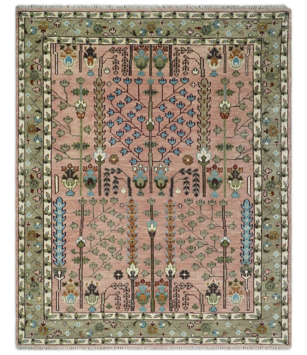 Pink, Olive and Beige Traditional Vintage Heriz Serapi Wool Rug