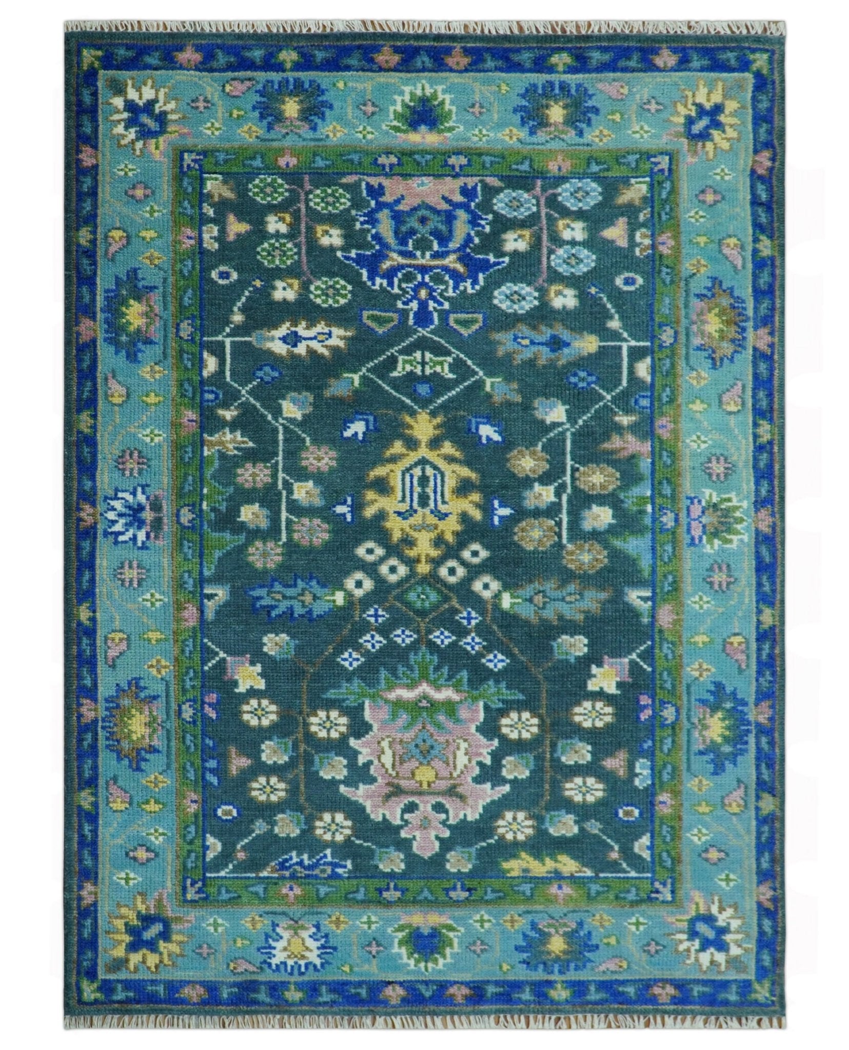 Antique Hand Knotted Green Moss and Blue Traditional Turkish Vintage Oushak Custom Made Wool Area Rug