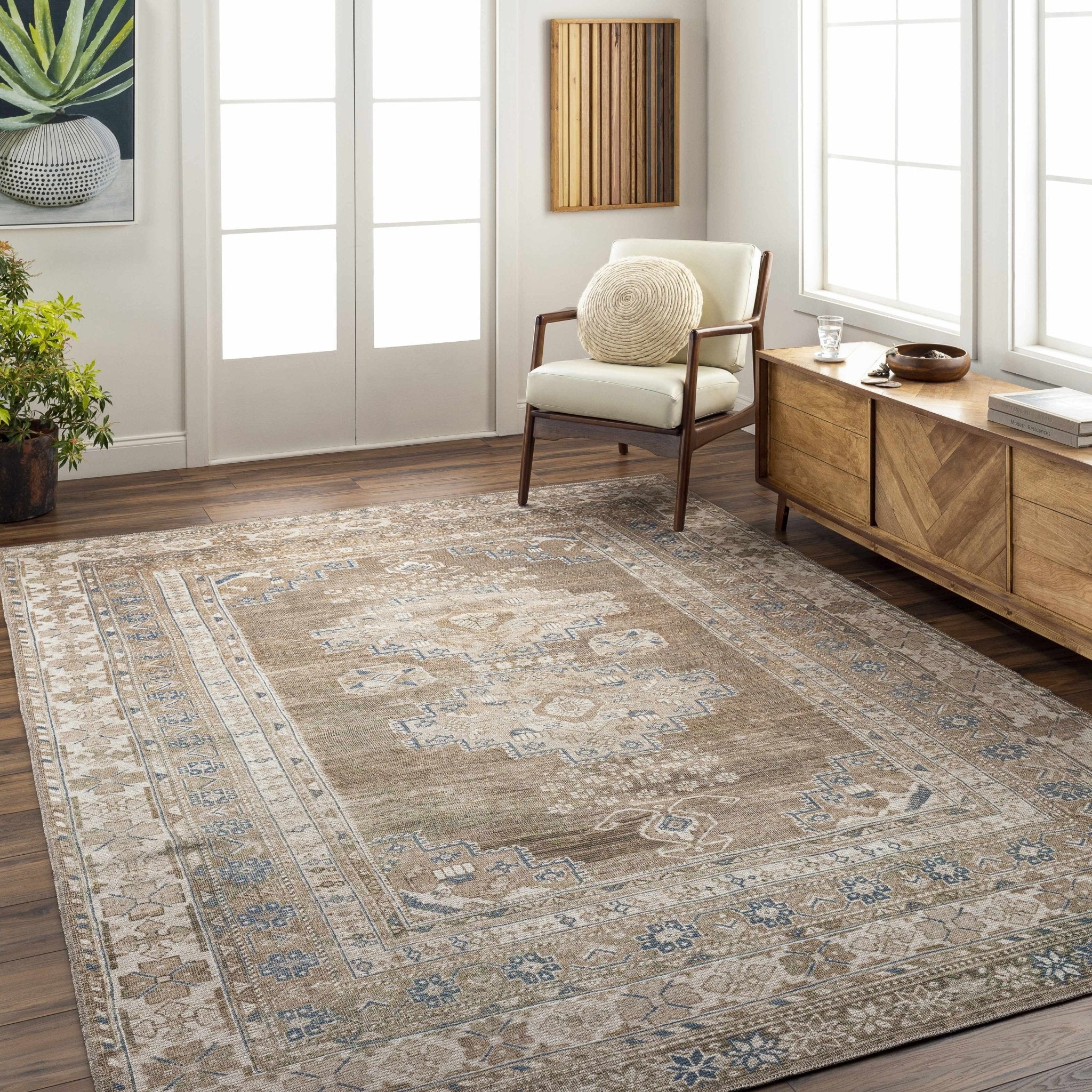 Earthy Turkish Design Dusty Sage And Cream Machine-Washable Rug