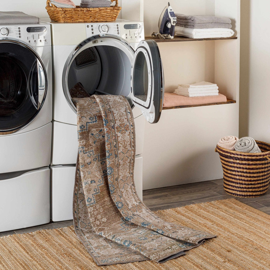 Earthy Turkish Design Dusty Sage And Cream Machine-Washable Rug