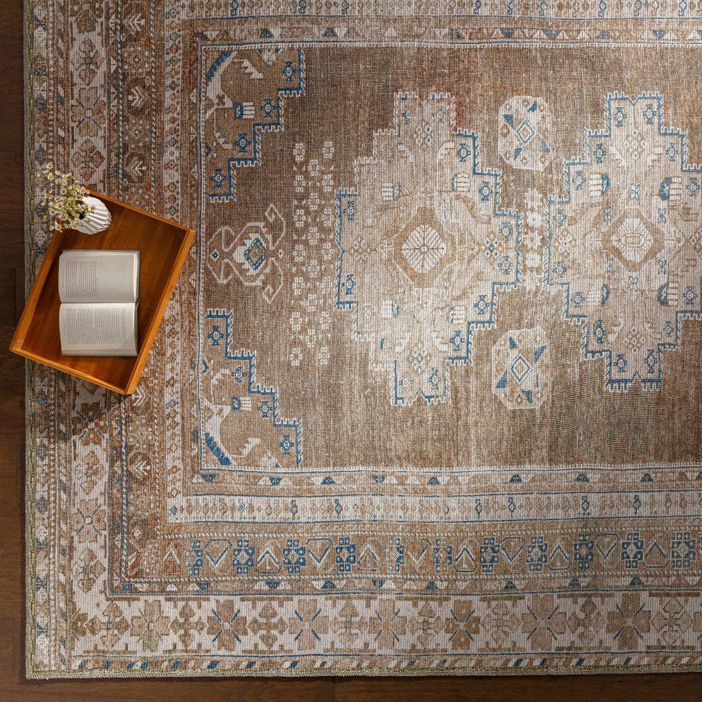 Earthy Turkish Design Dusty Sage And Cream Machine-Washable Rug