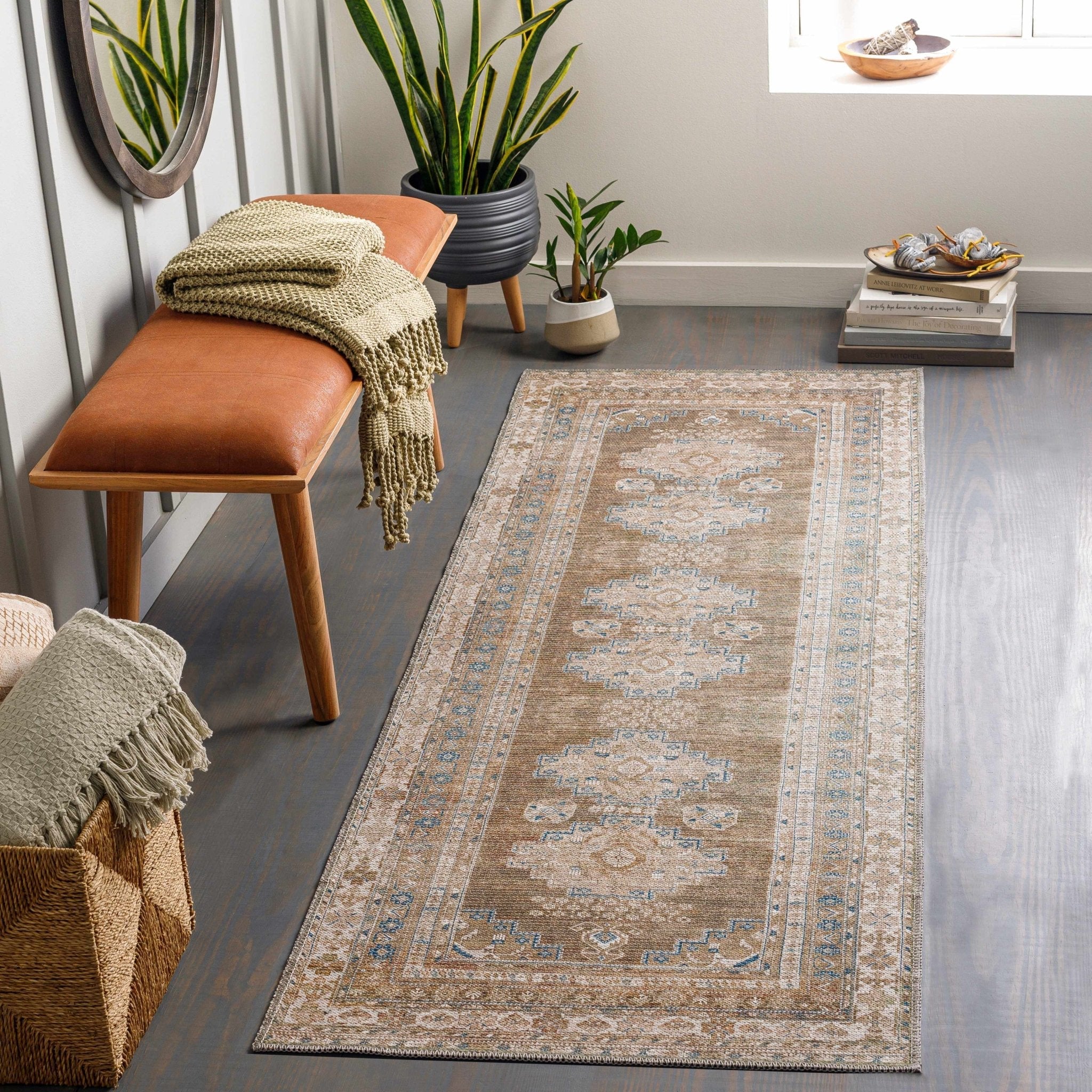 Earthy Turkish Design Dusty Sage And Cream Machine-Washable Rug