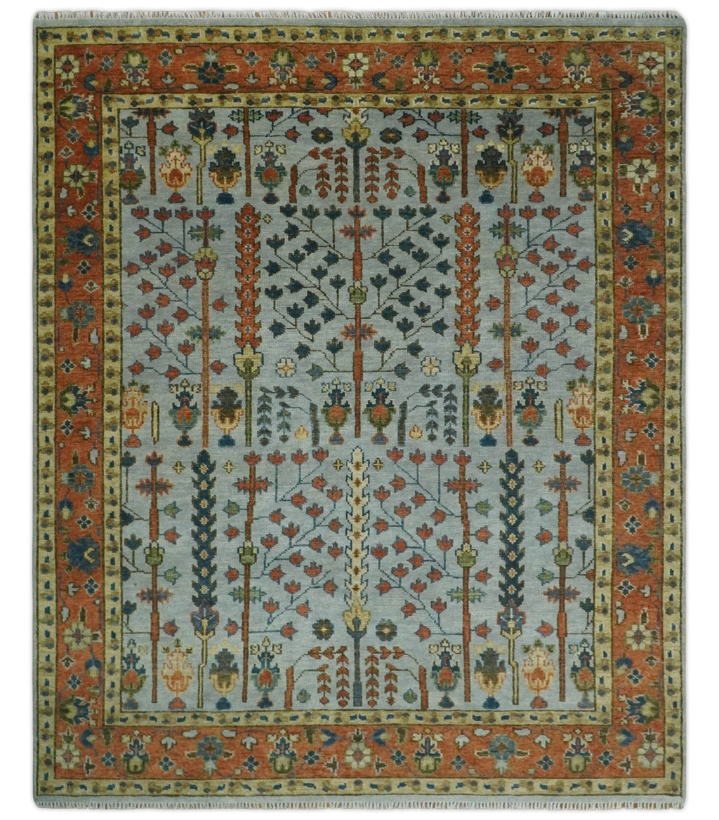 Hand Knotted Rust and Blue Traditional Turkish Vintage Multi Size Wool Rug