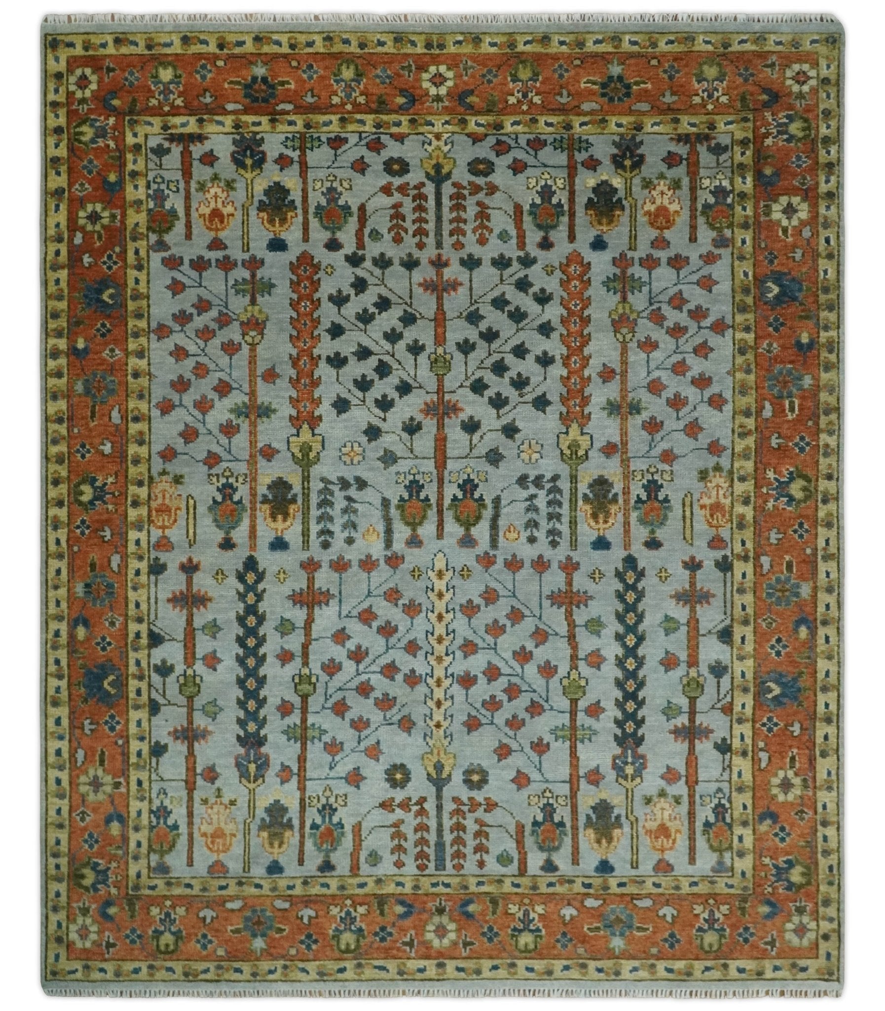 Hand Knotted Rust and Blue Traditional Turkish Vintage Multi Size Wool Rug