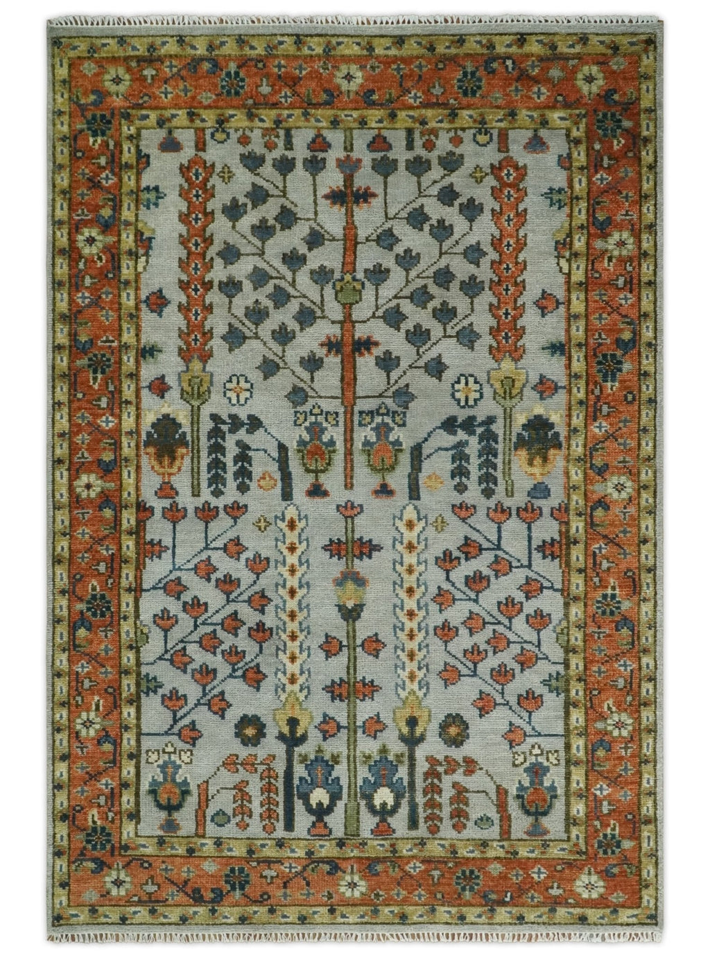 Hand Knotted Rust and Blue Traditional Turkish Vintage Multi Size Wool Rug