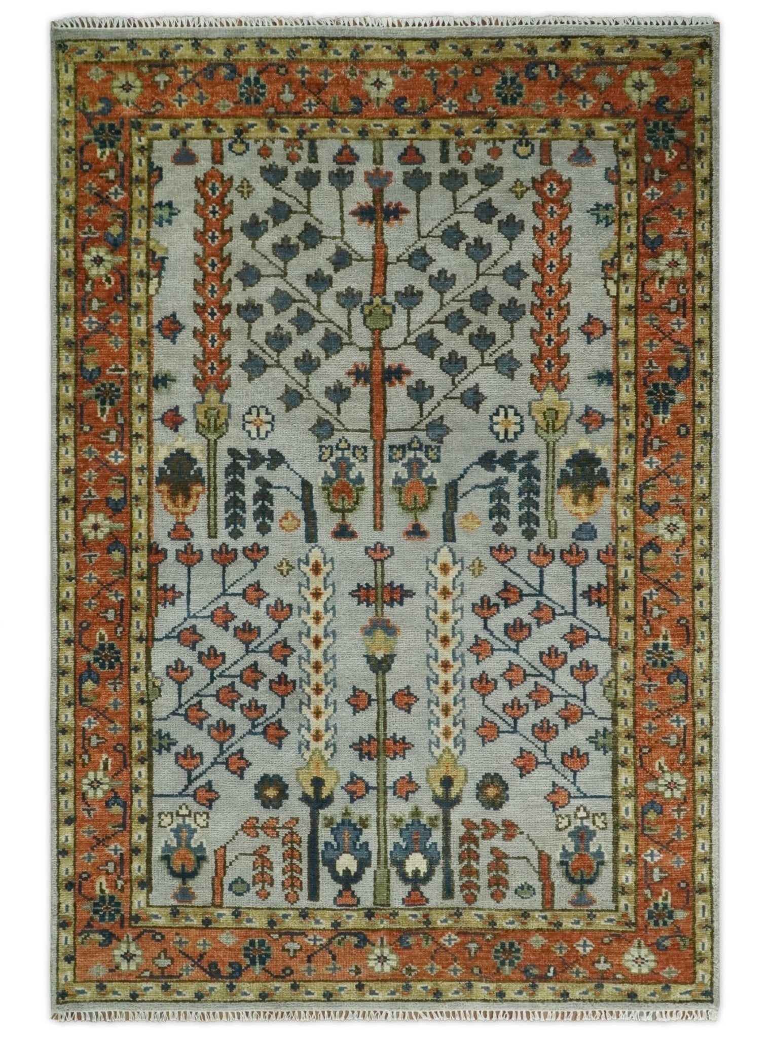 Hand Knotted Rust and Blue Traditional Turkish Vintage Multi Size Wool Rug