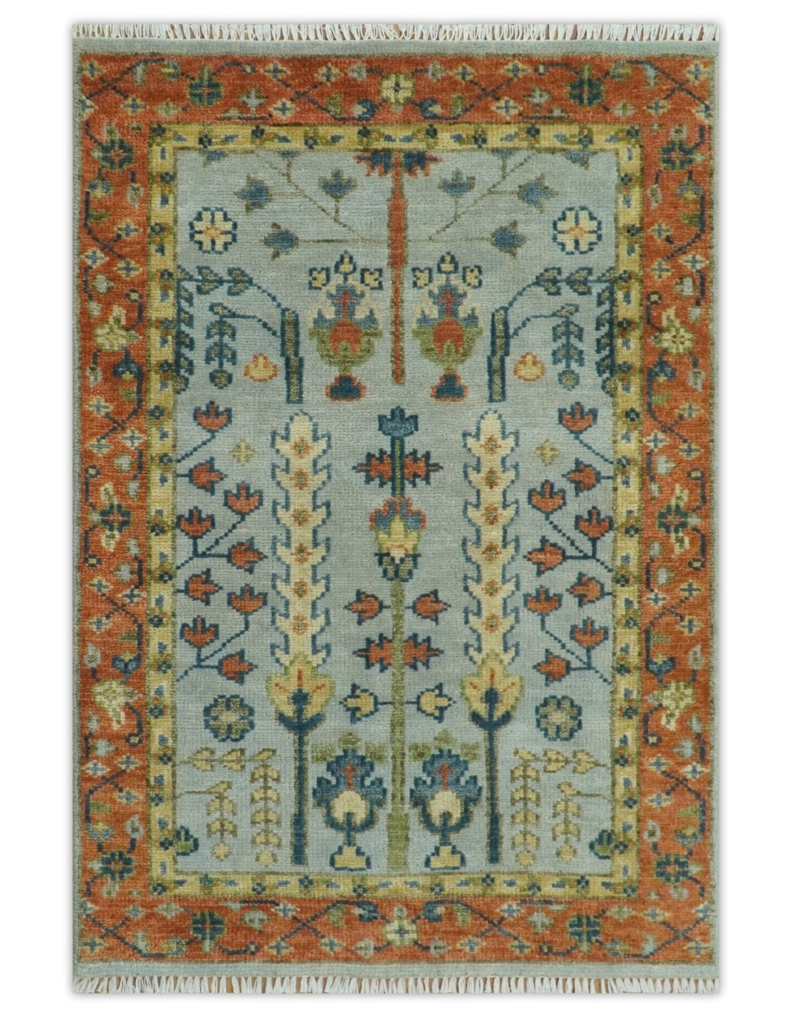 Hand Knotted Rust and Blue Traditional Turkish Vintage Multi Size Wool Rug