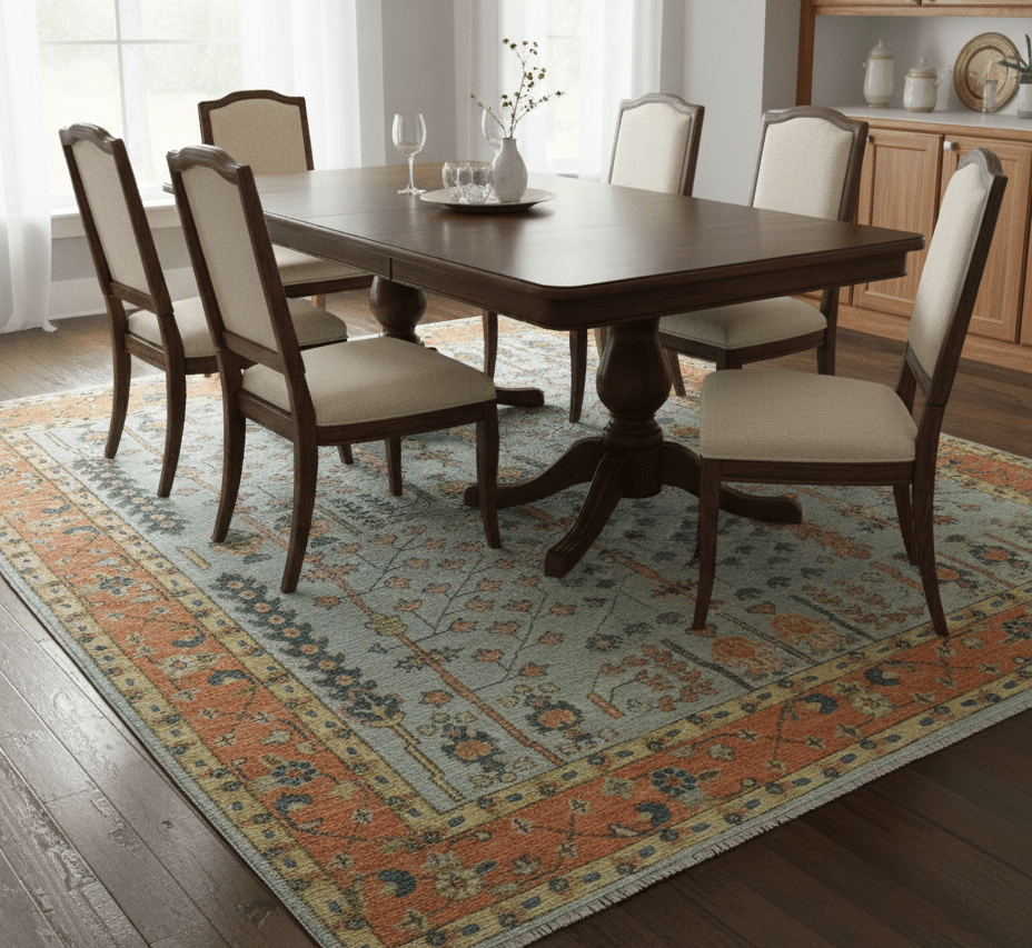 Hand Knotted Rust and Blue Traditional Turkish Vintage Multi Size Wool Rug