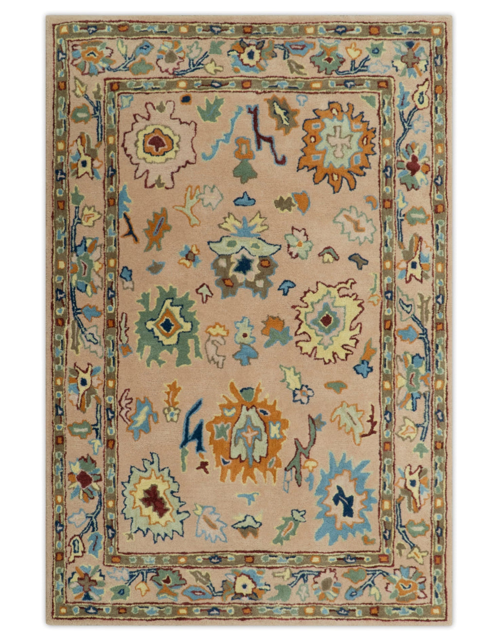 Hand Tufted Pink Peach and Gold Modern Colorful Oushak Rug, Kids, Living Room and Bedroom Rug | TRD6461