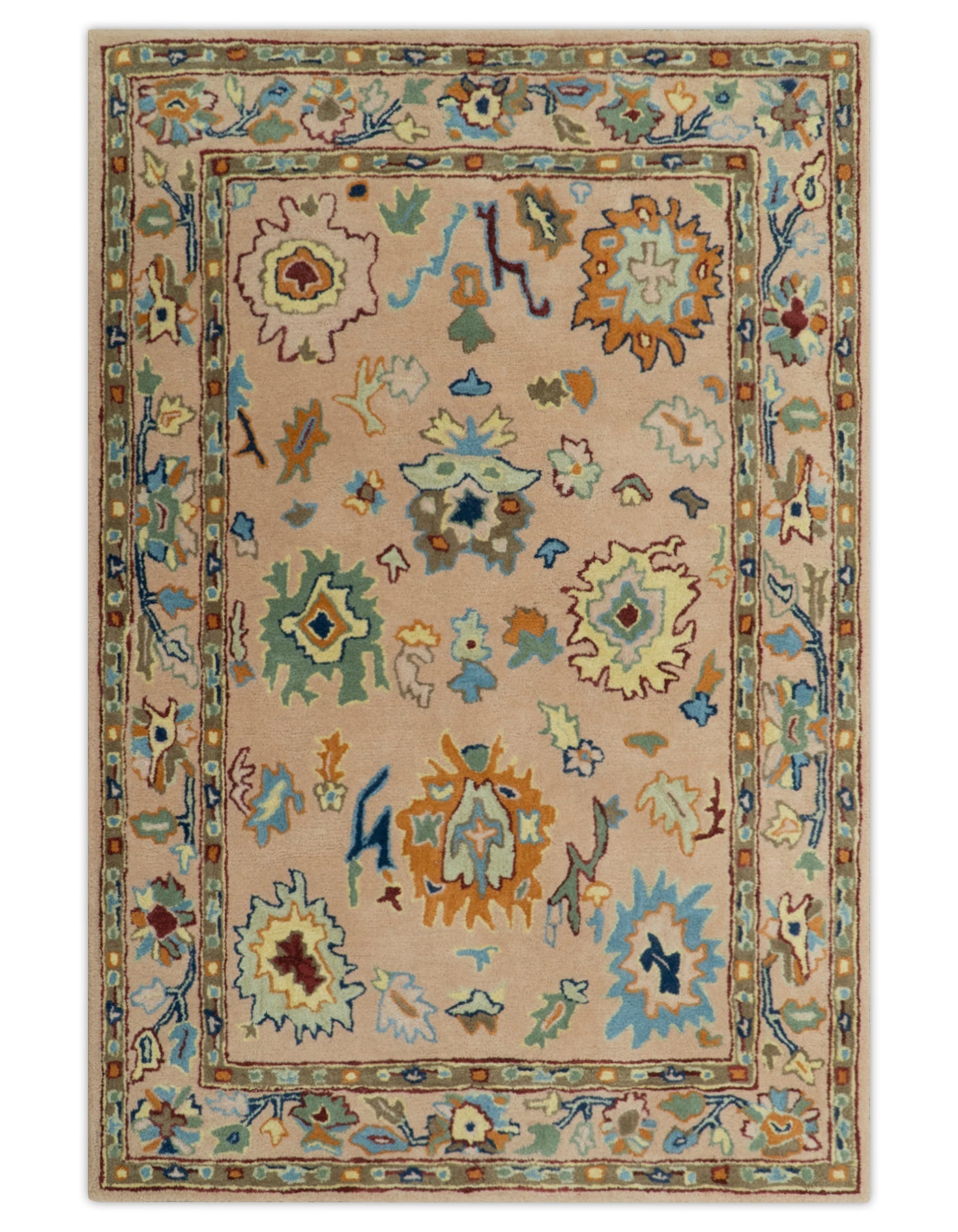 Hand Tufted Pink Peach and Gold Modern Colorful Oushak Rug, Kids, Living Room and Bedroom Rug | TRD6461