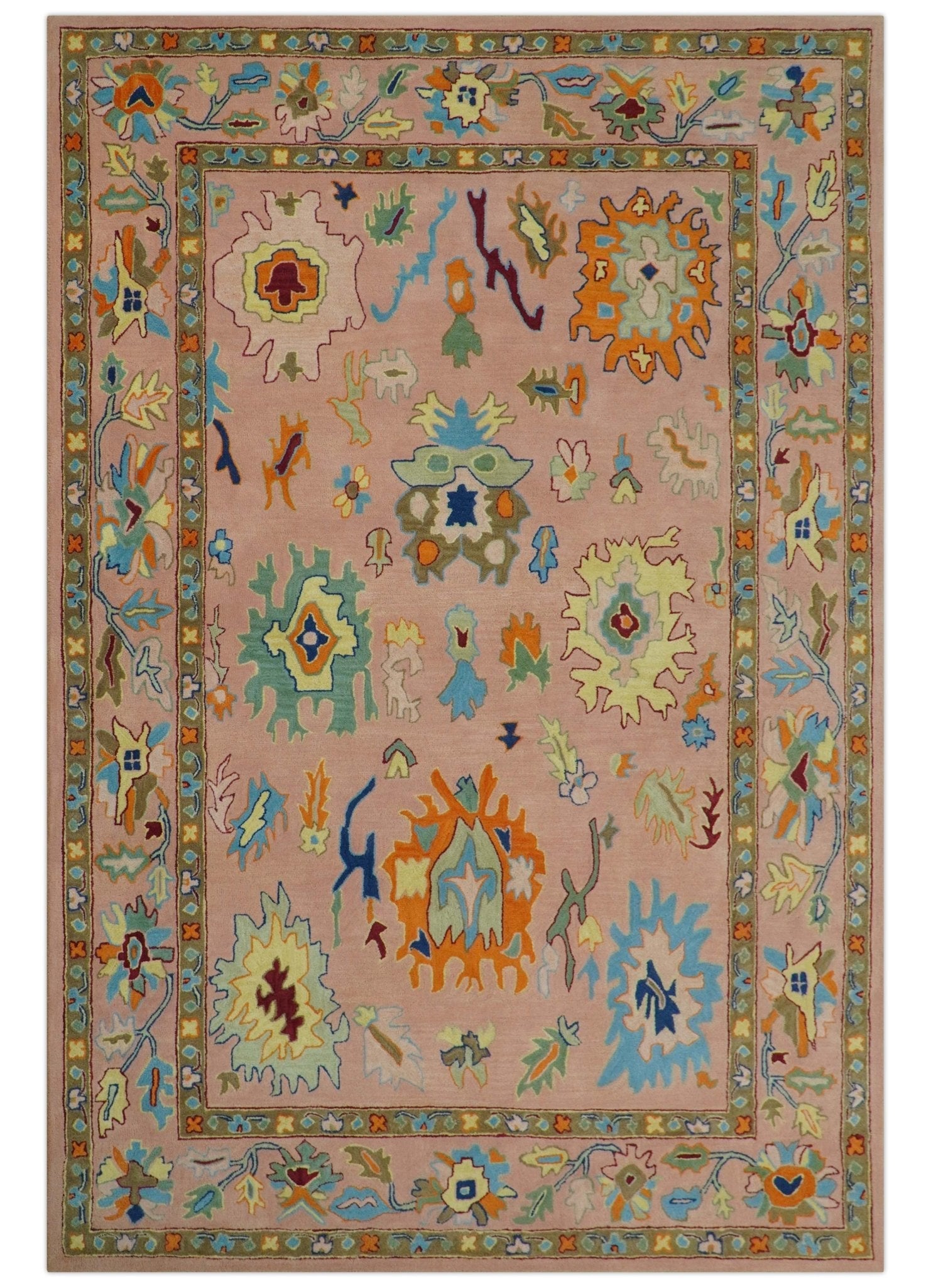 Hand Tufted Pink Peach and Gold Modern Colorful Oushak Rug, Kids, Living Room and Bedroom Rug | TRD6461
