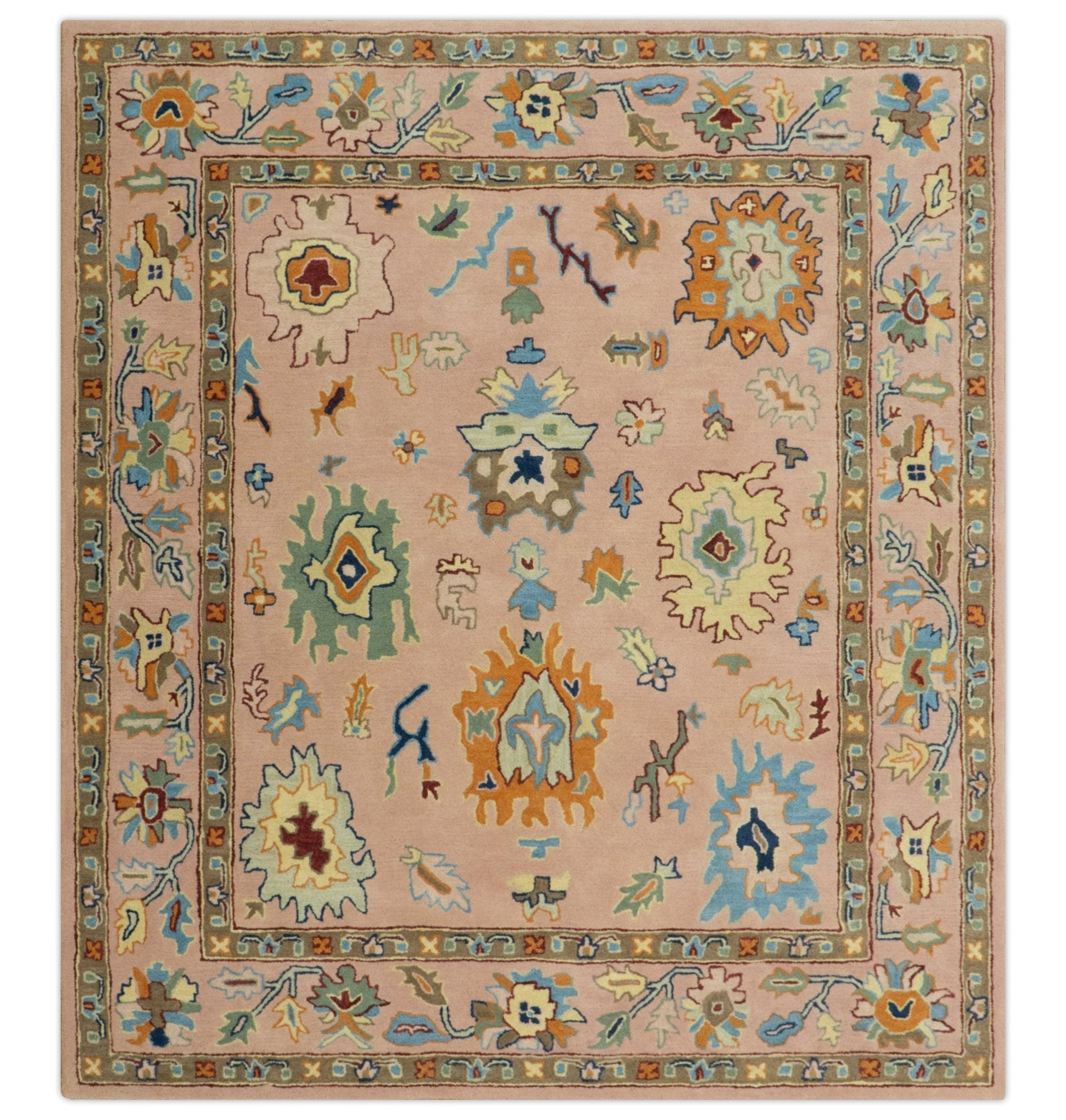 Hand Tufted Pink Peach and Gold Modern Colorful Oushak Rug, Kids, Living Room and Bedroom Rug | TRD6461