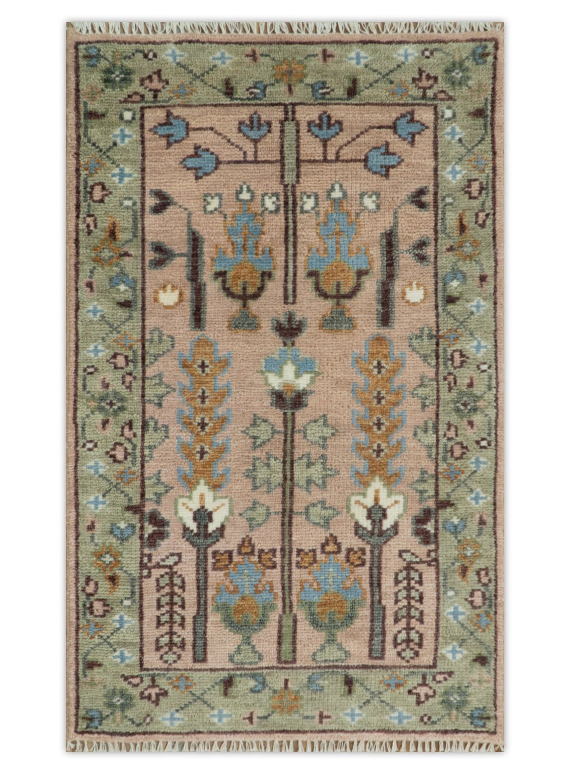 Pink, Olive and Beige Traditional Vintage Heriz Serapi Wool Rug