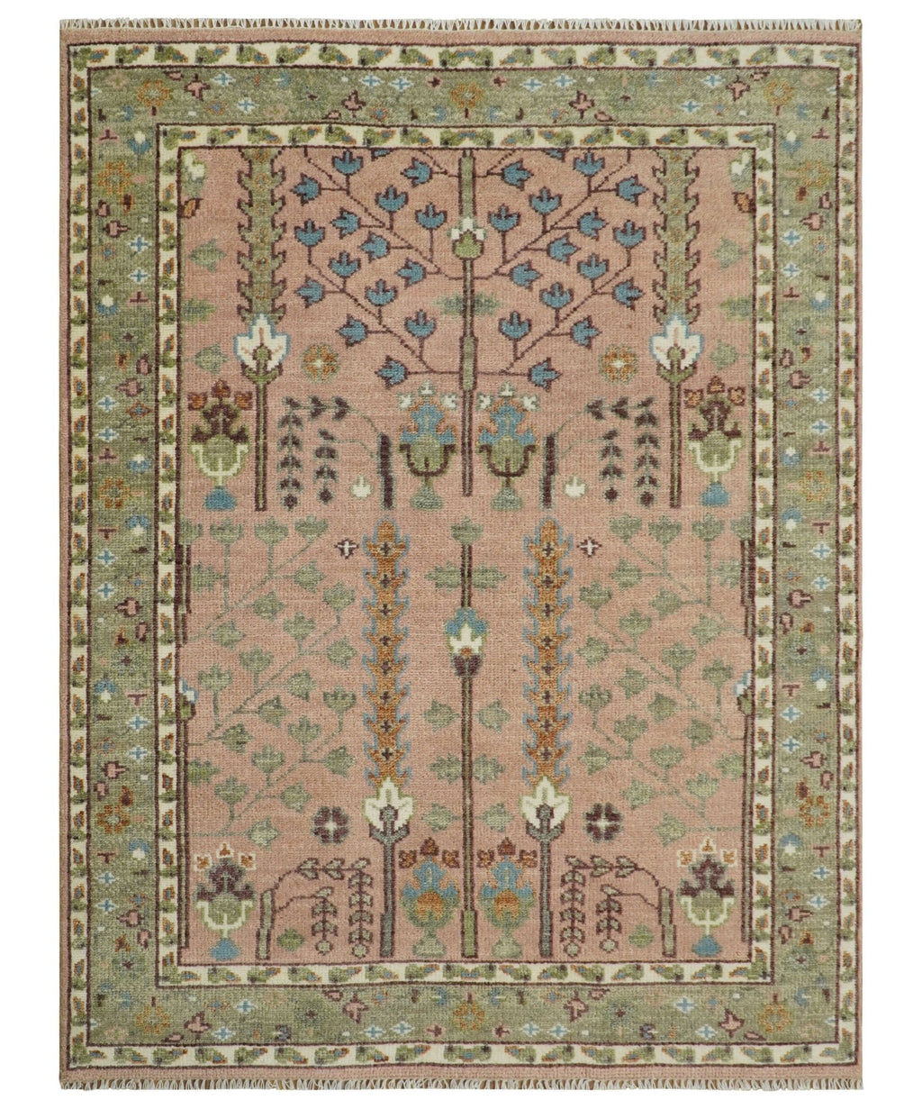 Pink, Olive and Beige Traditional Vintage Heriz Serapi Wool Rug
