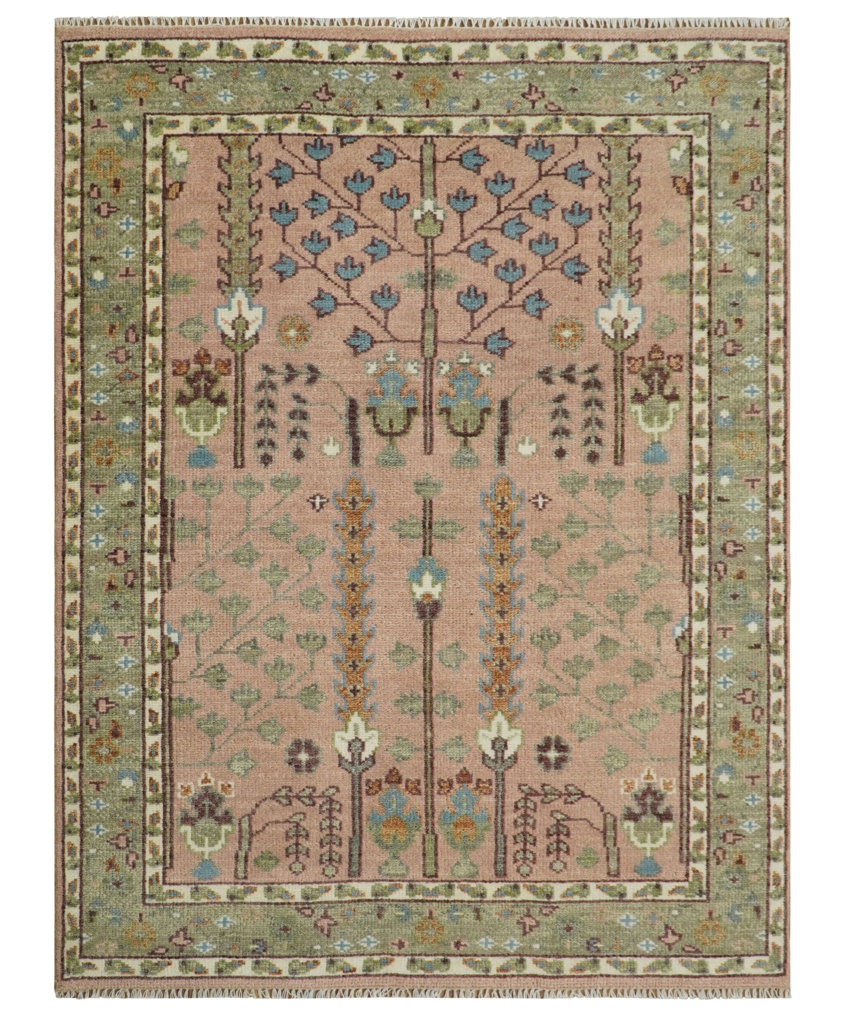 Pink, Olive and Beige Traditional Vintage Heriz Serapi Wool Rug