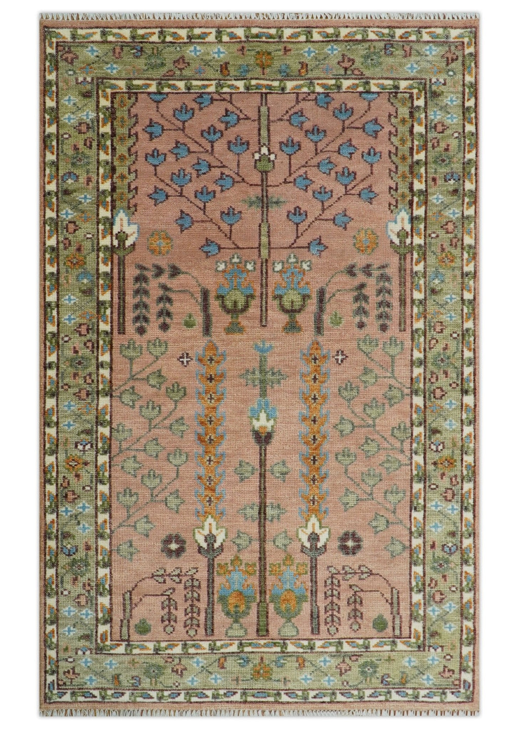 Pink, Olive and Beige Traditional Vintage Heriz Serapi Wool Rug