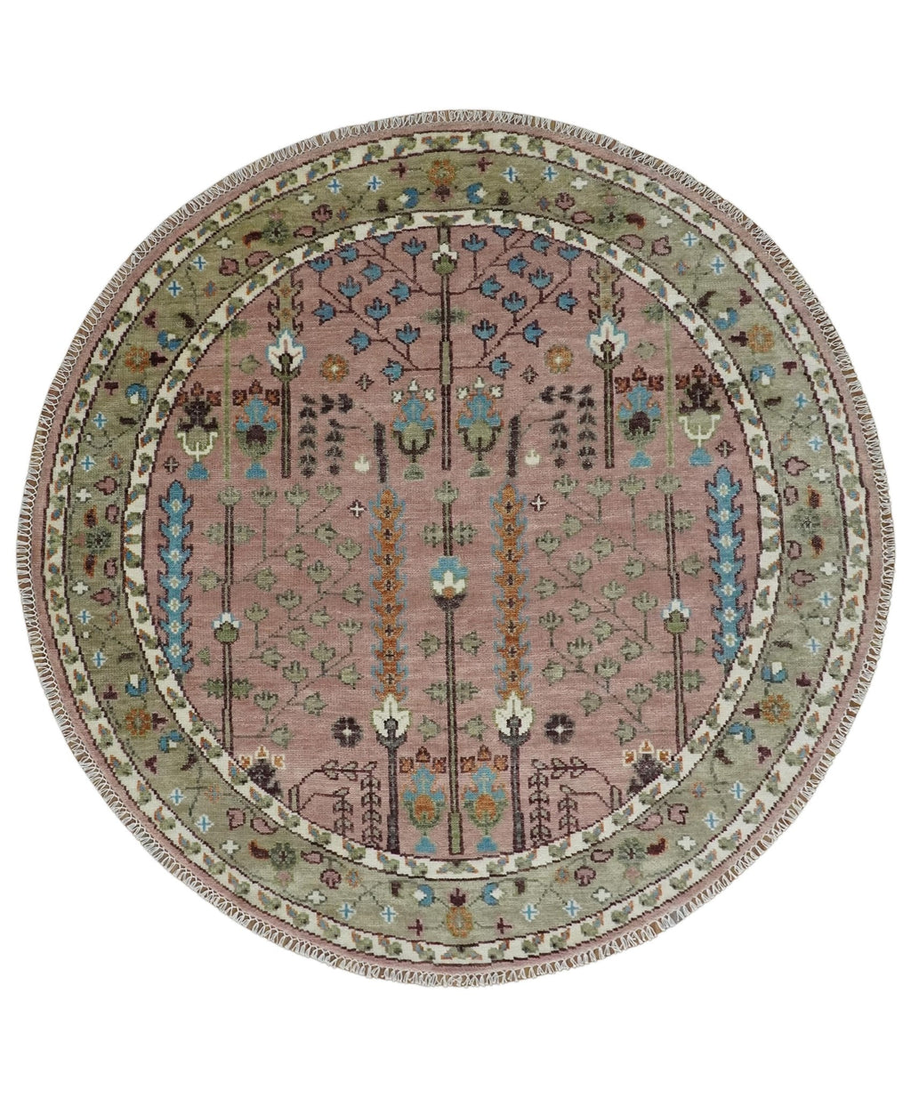 Pink, Olive and Beige Traditional Vintage Heriz Serapi Wool Rug
