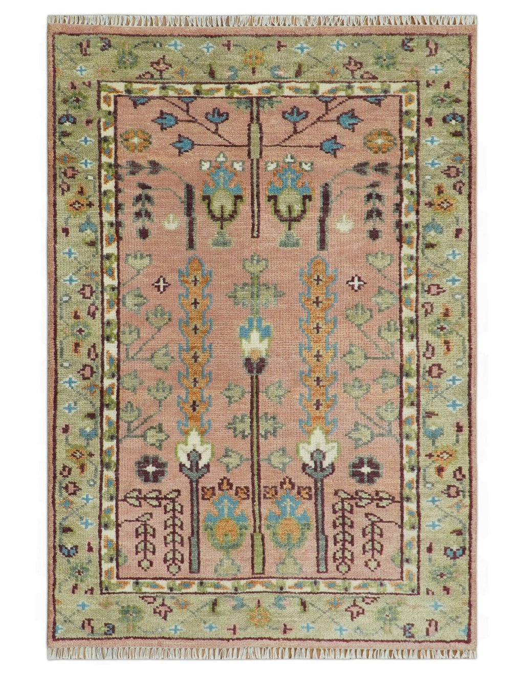 Pink, Olive and Beige Traditional Vintage Heriz Serapi Wool Rug