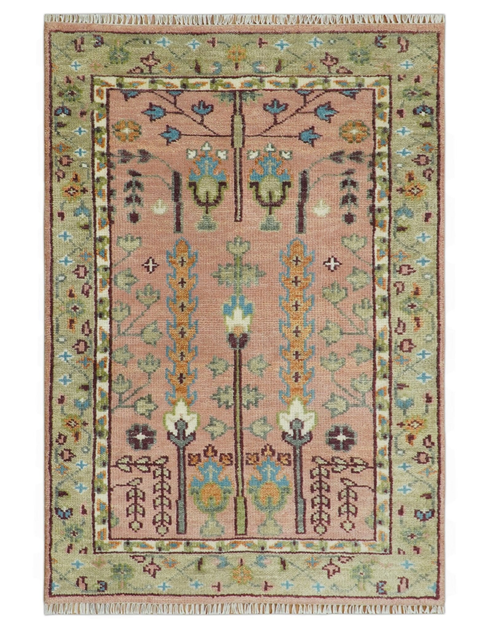 Pink, Olive and Beige Traditional Vintage Heriz Serapi Wool Rug