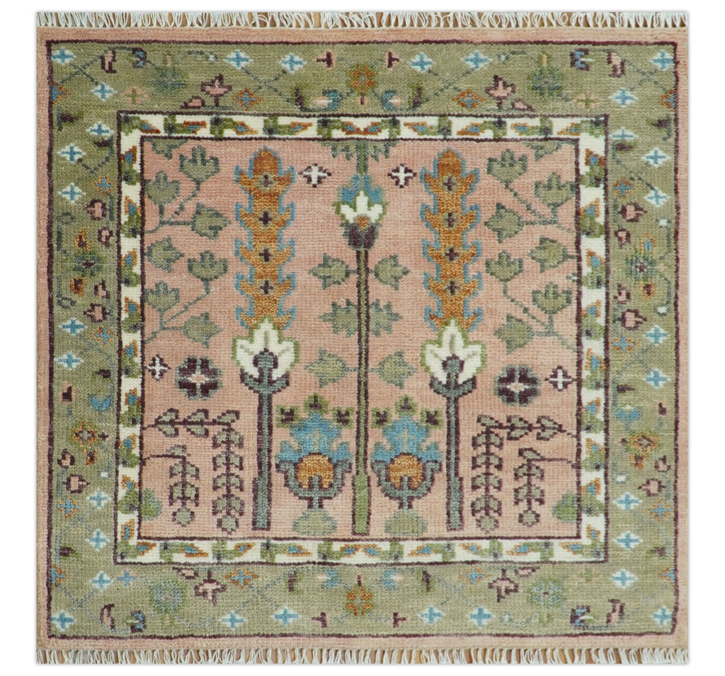 Pink, Olive and Beige Traditional Vintage Heriz Serapi Wool Rug
