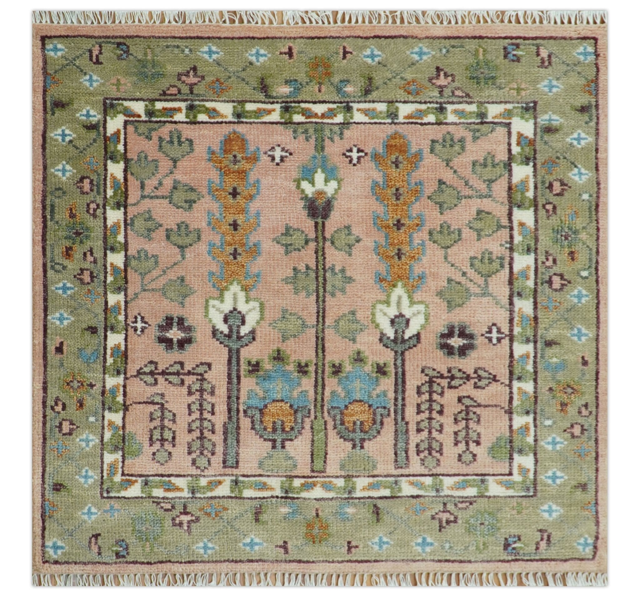 Pink, Olive and Beige Traditional Vintage Heriz Serapi Wool Rug