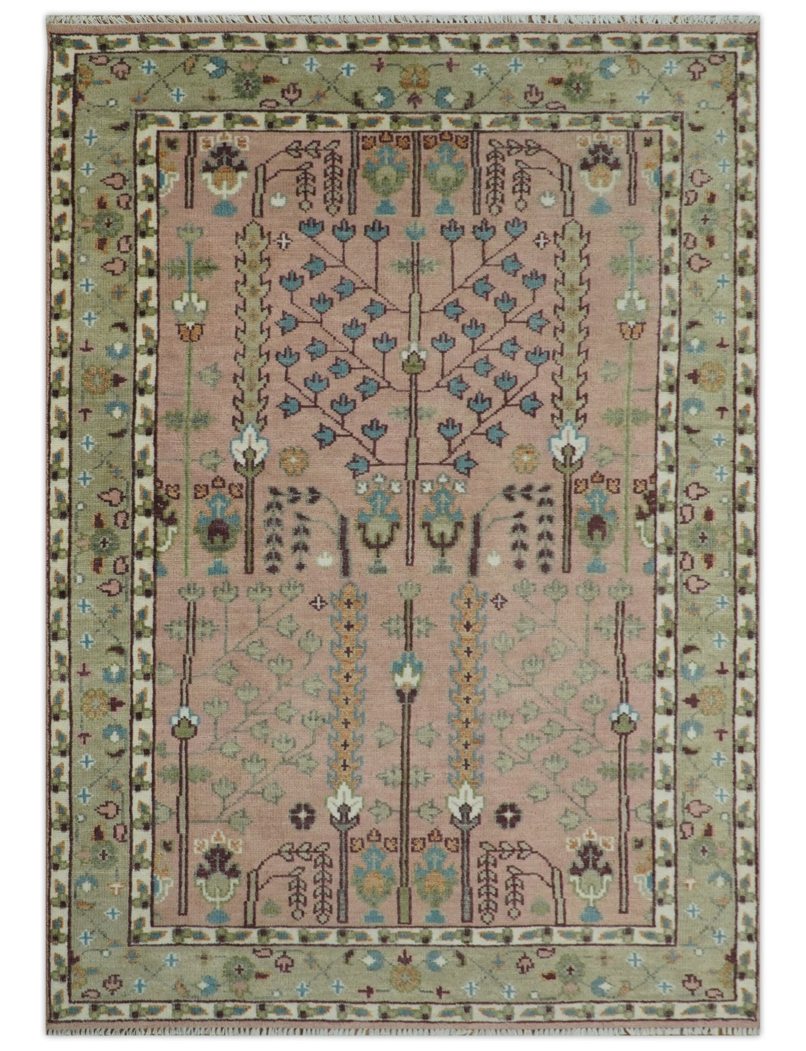Ready to Ship Pink, Olive and Beige Traditional Vintage Style Tree Wool Rug