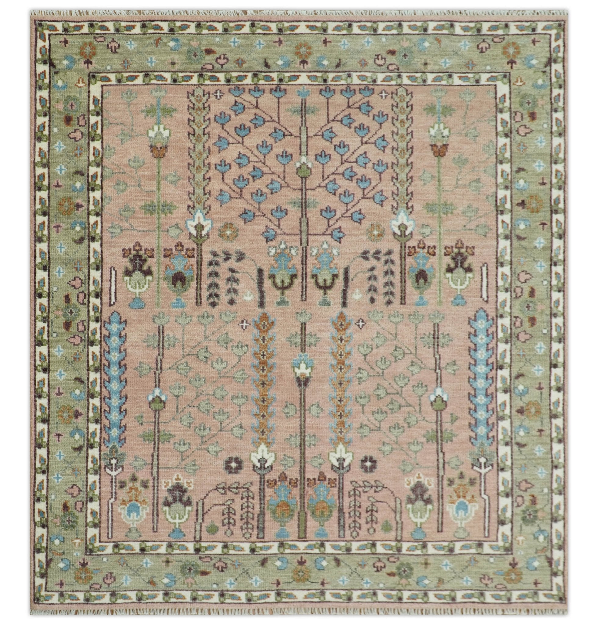 Ready to Ship Pink, Olive and Beige Traditional Vintage Style Tree Wool Rug