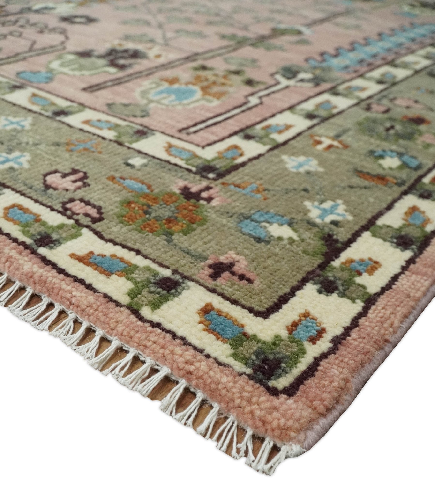 Ready to Ship Pink, Olive and Beige Traditional Vintage Style Tree Wool Rug