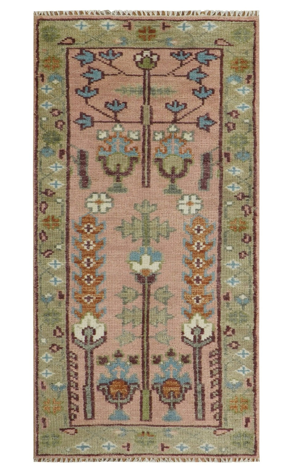 Ready to Ship Pink, Olive and Beige Traditional Vintage Style Tree Wool Rug