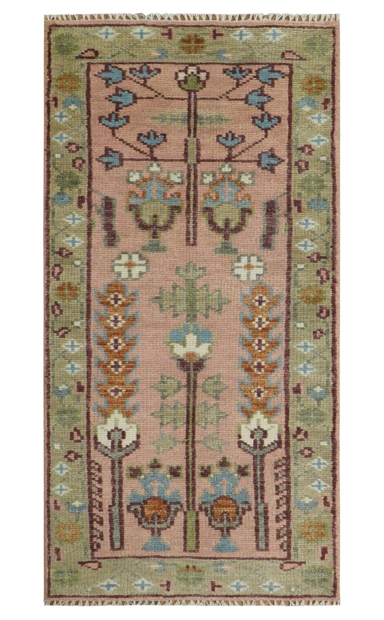 Ready to Ship Pink, Olive and Beige Traditional Vintage Style Tree Wool Rug