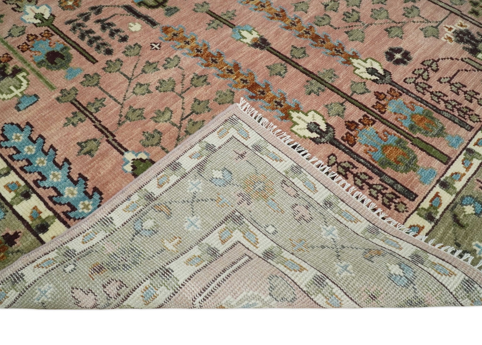 Ready to Ship Pink, Olive and Beige Traditional Vintage Style Tree Wool Rug