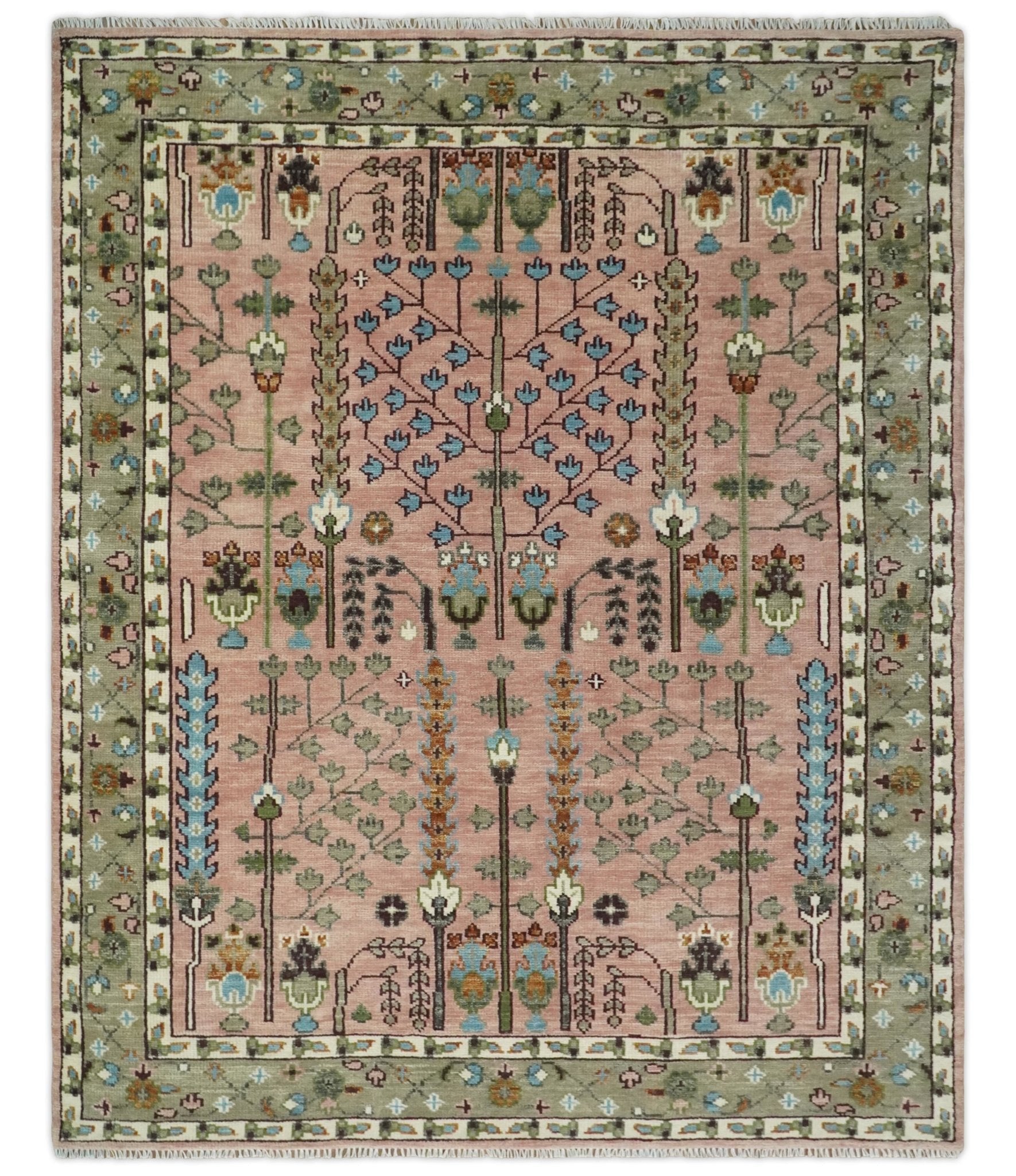 Ready to Ship Pink, Olive and Beige Traditional Vintage Style Tree Wool Rug