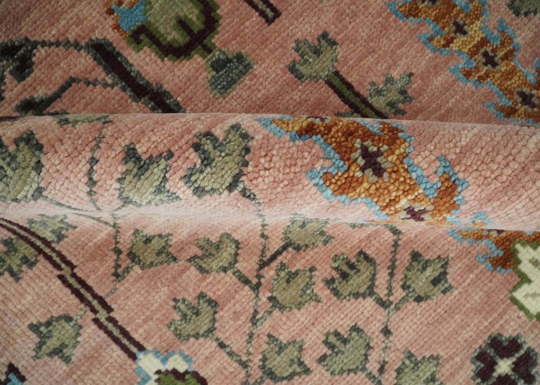 Ready to Ship Pink, Olive and Beige Traditional Vintage Style Tree Wool Rug