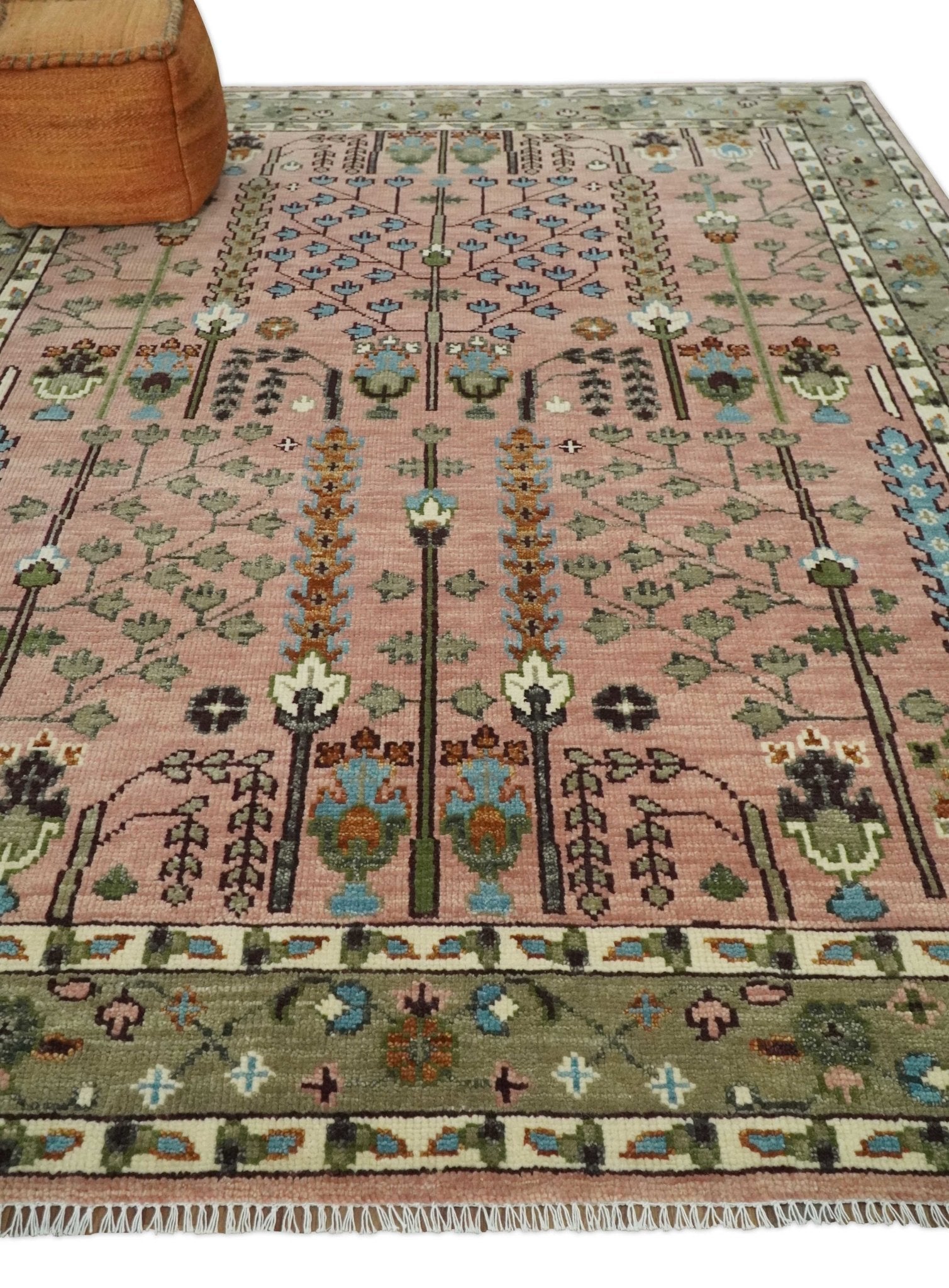 Ready to Ship Pink, Olive and Beige Traditional Vintage Style Tree Wool Rug